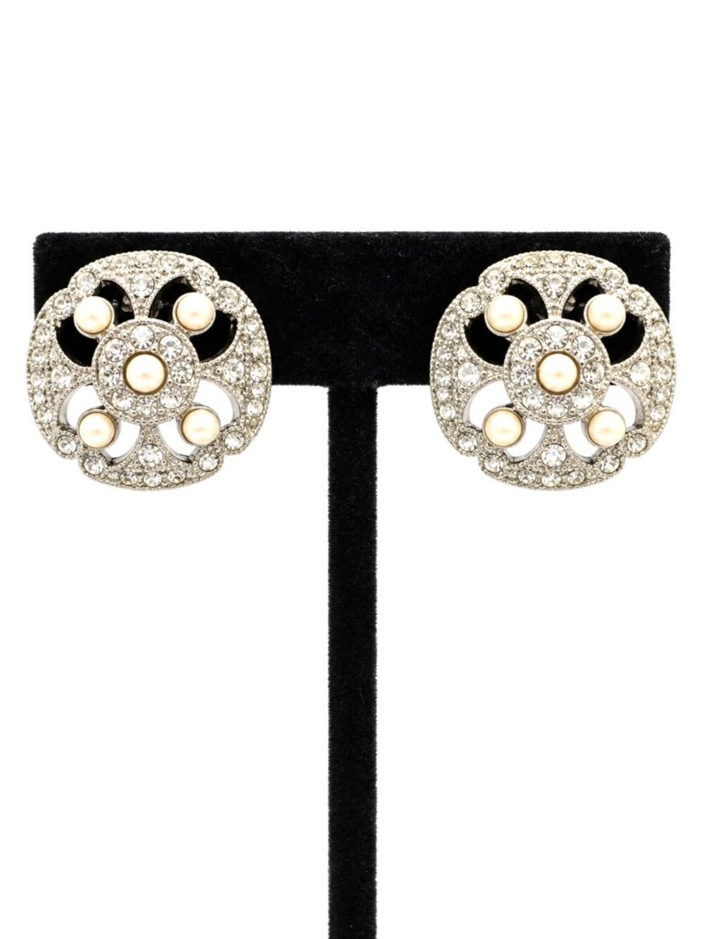 VINTAGE MONET EARRINGS Rhinestone Faux Pearl Silver Tone Openwork Clip On